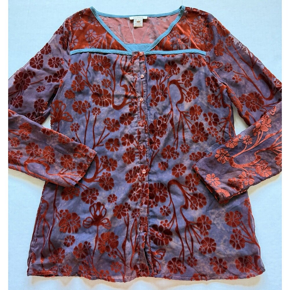 Sundance Catalog Velvet Burnout Top Fairy Whimsigoth Romantic Burgundy Blue M